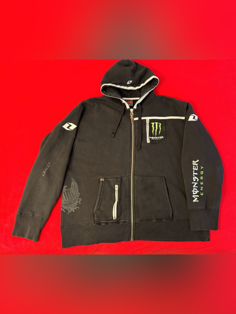 VTG Y2K Monster Energy One Industries Black Zip Up Hoodie Size XL Men’s